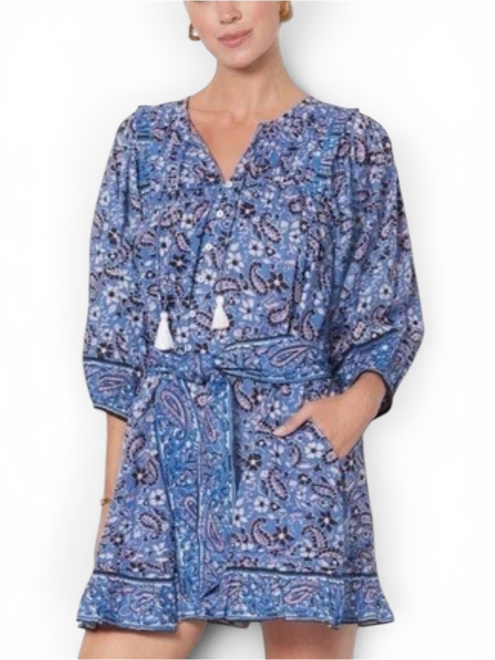 Cleobella Cora Belted Mini Blue Paisley Print Boho Luxe Organic Cotton Size M